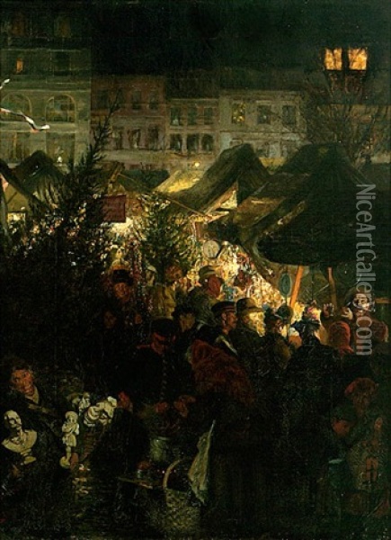 Berliner Weihnachtsmarkt, Blick In Die Budenreihe Oil Painting - Georg Schoebel
