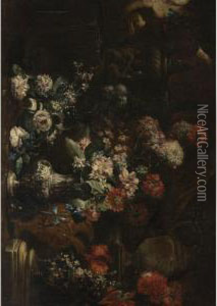 Elaborate Still Life Of Flowers In A Landscape Oil Painting - Andrea Belvedere