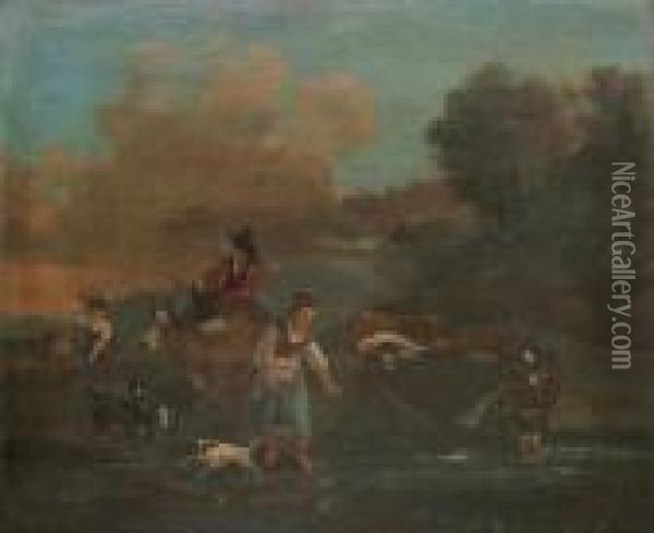 Shepherds With Cattle Near The Watering Place Oil Painting - Nicolaes Berchem