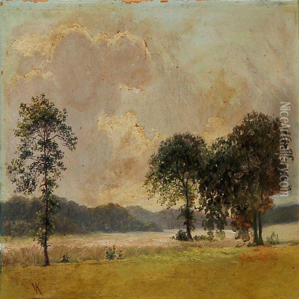 Light Cloudy Summer Landscape With Tall Trees At A Field Oil Painting - Vilhelm Peter C. Kyhn