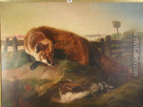 Fox On A Dune With A Trapped Rabbit Oil Painting - Walter Harrowing