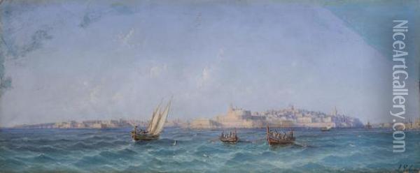 Veduta De La Valletta Dal Mare Con Barche Di Pescatori Oil Painting - Luigi Maria Galea