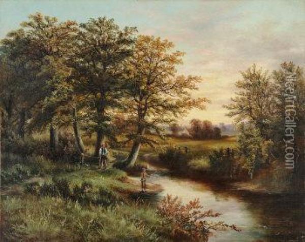 River Landscapes With Children Fishing Oil Painting - Benjamin, Ben Hold