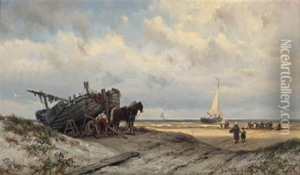 Repairing The Vessel In The Dunes Oil Painting - Johannes Hermanus Barend Koekkoek