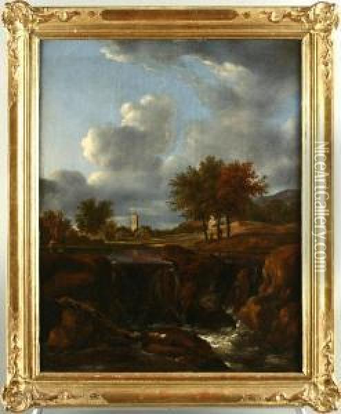 Landschaft Mit Einem Wasserfall Und Fernblick Auf Einen Kirchturm Oil Painting - Jan Looten