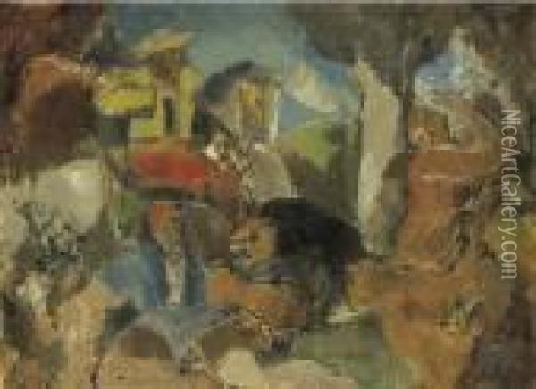 Men At Lion Hunt Oil Painting - Charles Georges Dufresne