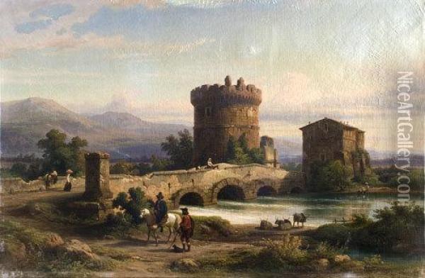 Il Ponte Lucano Con Ilsepolcro Dei Plauzi Sulla Via Di Tivoli Oil Painting - Franz Knebel