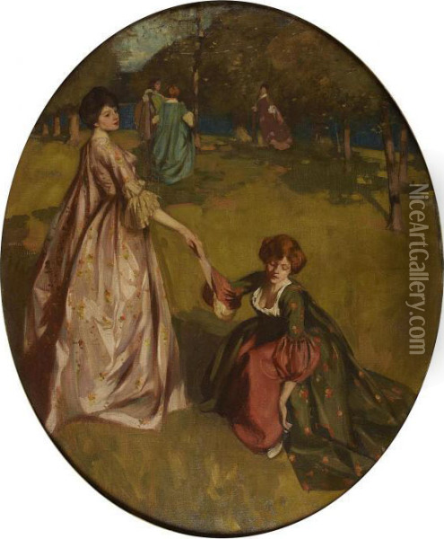 Elegant Women In A Wooded Landscape Oil Painting - George Henry