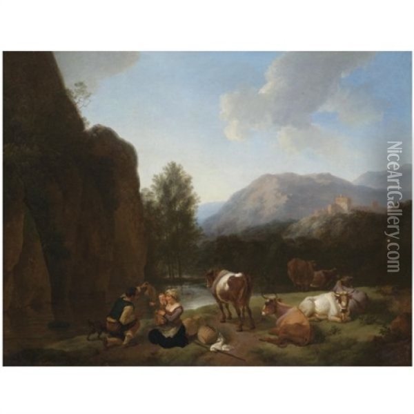 A Mountainous River Landscape With A Herder Oil Painting - Christian Wilhelm Ernst Dietrich