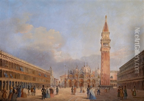 Ansicht Der Piazza San Marco, Venedig, Mit Figurlicher Staffage Und Der Basilika Im Hintergrund Oil Painting - Giuseppe Bernardino Bison