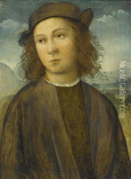 Portrait Of A Boy, Half Length, In A Landscape, Dressed In Black Robes And Cap Oil Painting - Agnolo di Domenico del Mazziere