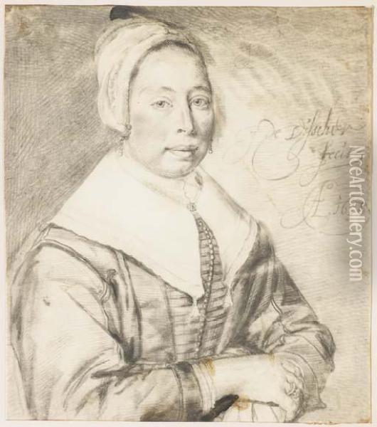 Portrait D'une Femme En Buste Portant Une Coiffe, Les Mainscroisees Oil Painting - Cornelis De Visscher