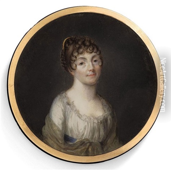 A Young Lady, In Decollete White Muslin Dress With Blue Sash, Ochre Shawl Draped Over Her Arms, Her Dark Upswept Hair Dressed In Curls And Set With A Comb Oil Painting - Jean Baptiste Jacques Augustin
