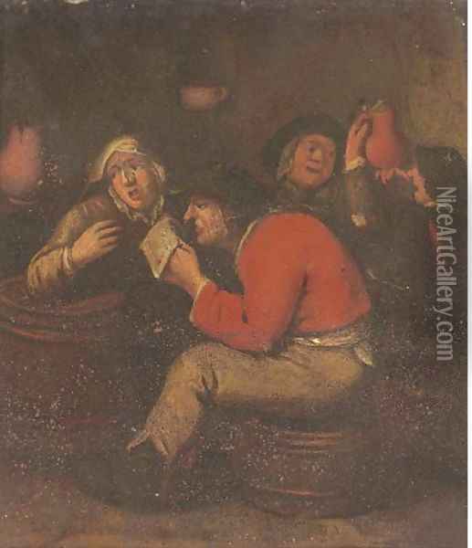 Peasants drinking and merrymaking in an interior Oil Painting - Adriaen Brouwer