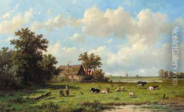 Cattle in a sunlit meadow Oil Painting - Anthonie Jacobus van Wyngaerdt