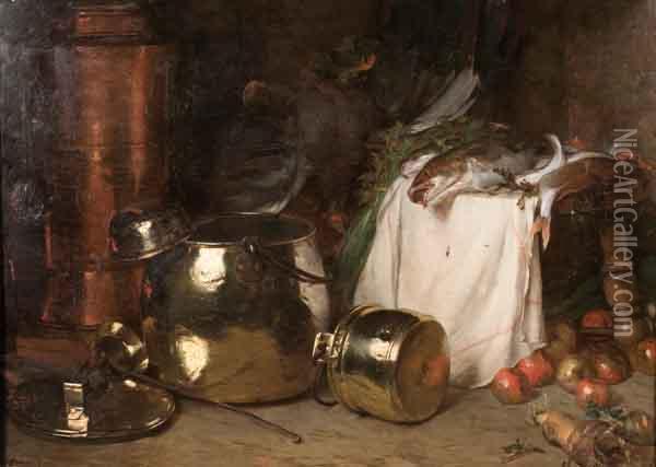 Poissons, Poule Et Chaudrons Oil Painting - Jules-Alexandre Grun