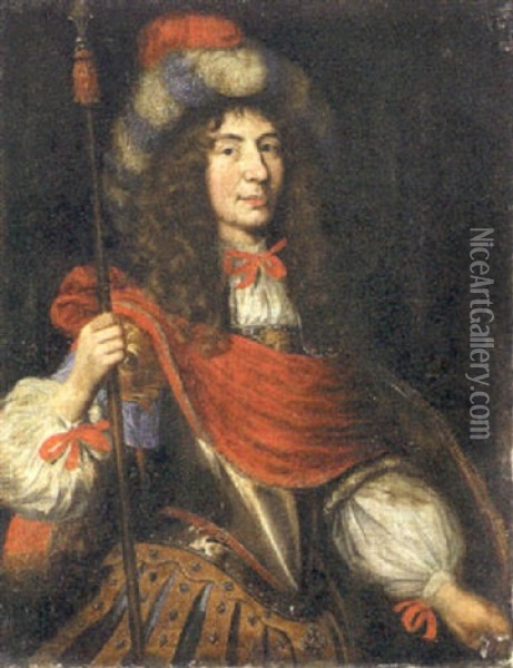 Portrait Of A Nobleman In Ceremonial Armor Holding A Spear And Wearing A Feathered Hat Oil Painting - Charles Beaubrun