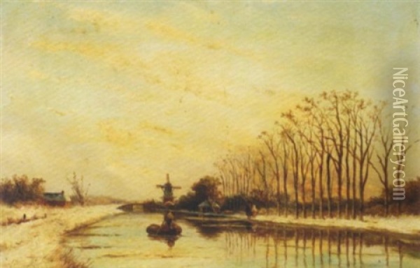 Inland Waterway At Dusk With A Windmill In The Distance Oil Painting - Hendrik Dirk Kruseman van Elten