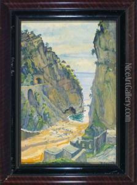Blick In Eine Kleine Sandbucht An Sudlandischer Felsenkuste Oil Painting - Johan Wilhelm Kaiser