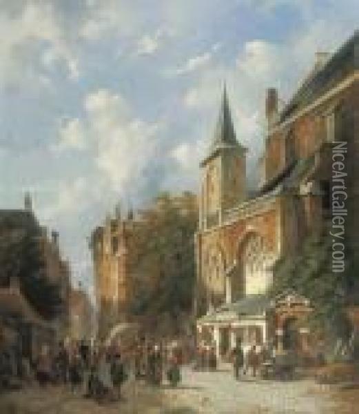 A Bustling Street By A Church In A Dutch Town Oil Painting - Adrianus Eversen
