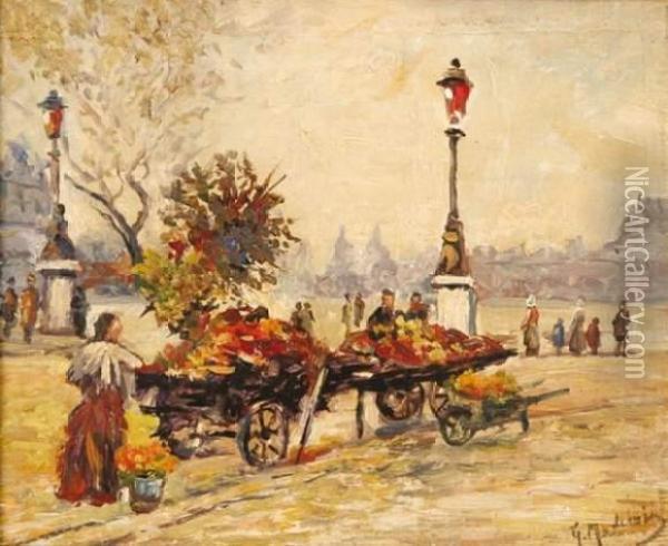 Marchands De Fleurs A Paris Oil Painting - Gustave Madelain