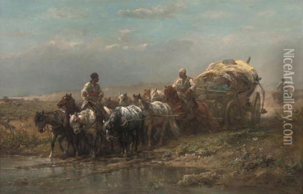 Fording A River Oil Painting - Adolf Schreyer