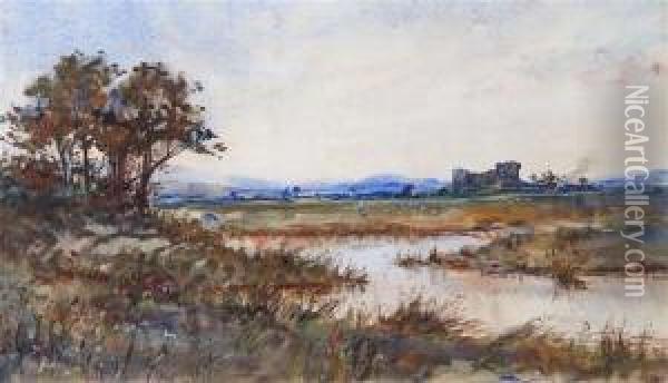 River Landscape With Ruins In The Distance Oil Painting - Keeley Halswelle