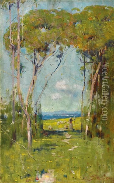 And The Sunlight Clasps The Earth Oil Painting - Arthur Streeton