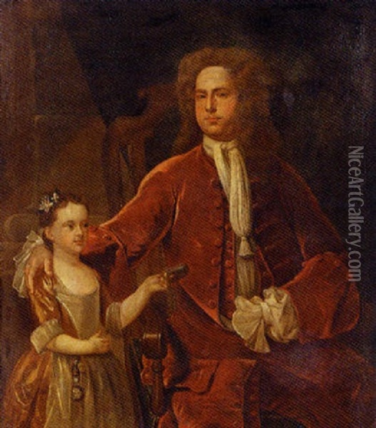 Portrait Of A Gentleman And His Daughter, In An Interior, The Girl Wearing A Globe Charm And Holding A Tobacco Box Oil Painting - John Smibert