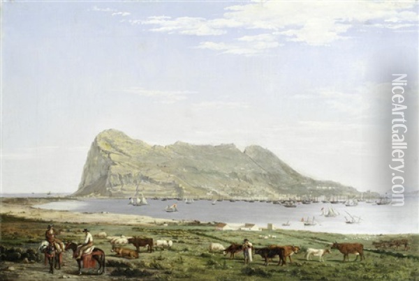 View Of The Rock Of Gibraltar From The Mainland Oil Painting - Thomas Ender