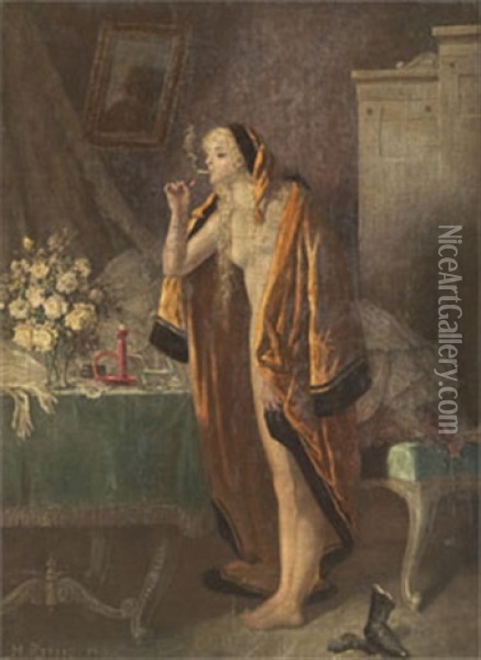 Nattfjaril - Interior Med Rokande Kvinna Oil Painting - Heinrich Rettig