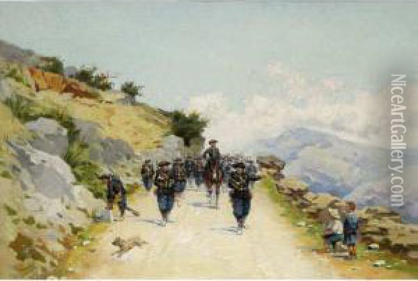 :chasseurs Alpins En Manoeuvre Oil Painting - Jules Monge