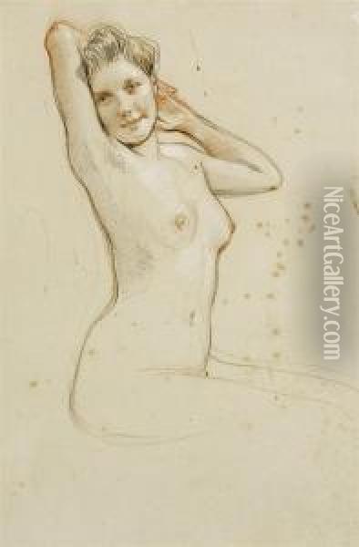Female Nude With Arms Behind Her Head Oil Painting - Paul Cesar Helleu