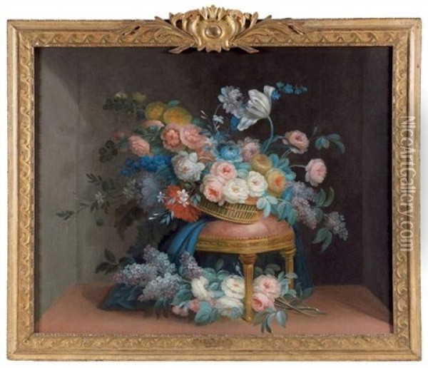 Panier De Fleurs Sur Un Tabouret Oil Painting - Louis Tessier