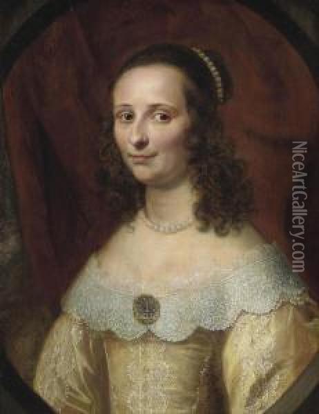 Portrait Of A Lady, Bust-length, In A Yellow Embroidered Dress, With A Pearl Necklace And Pearl Ornaments In Her Hair Oil Painting - Gerrit Van Honthorst