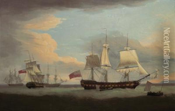The East Indiaman Hindostan In 
Company With Indian Trader, Ewretta And Nancy, Ships Employed In The 
Canada Trade Oil Painting - Thomas Whitcombe