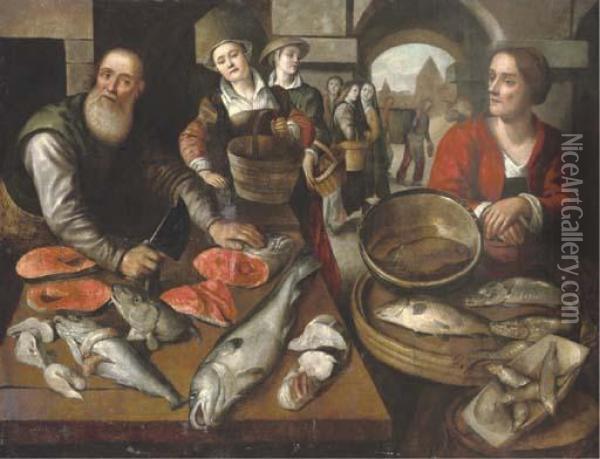 Peasant Women Buying Fish At A Fishmonger Oil Painting - Joachim Beuckelaer