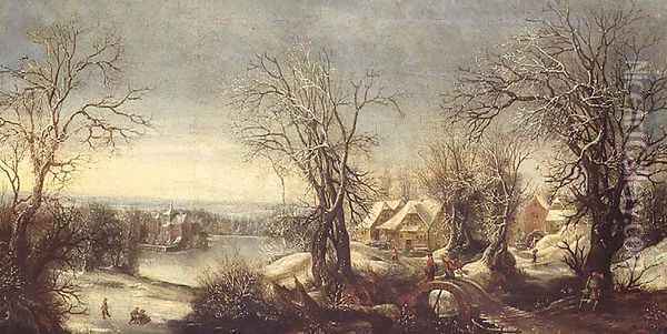 An extensive wooded landscape in winter with skaters on a frozen waterway, a pilgrim and shrine beyond Oil Painting - Denys Van Alsloot