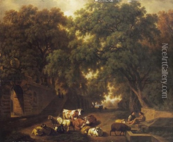 Idyllische Landschaft Mit Parkeingang Und Rastenden Hirten Mit Vieh Oil Painting - Pierre Louis De La Rive