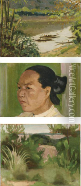Bords Du Mekong/ Femme D'asie'/ Doson, Pointe De Hon Dau Oil Painting - Georges Barriere