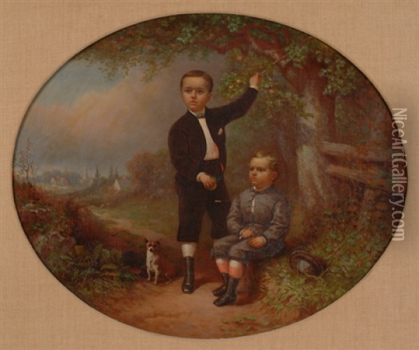Young Boys In Orchard W/dog Oil Painting - George W. Waters