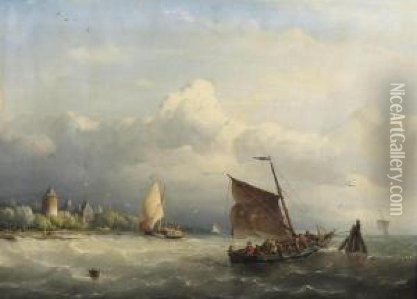 A Fishing Boat Mooring In Choppy Waters, A Castle Nearby Oil Painting - Nicolaas Riegen