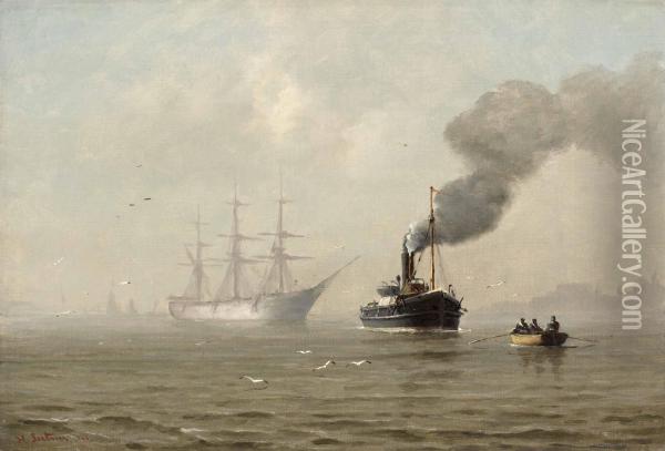 Shiff Im Nebel Auf Der Elbe Im Altona Oil Painting - Heinrich Leitner