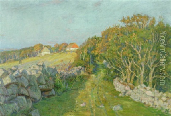 Landskap Med Hus Oil Painting - Justus Lundegard