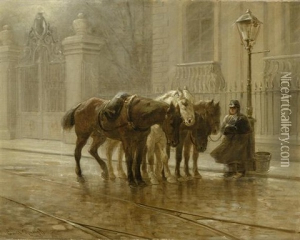 Ein Pferdewarter Und Drei Trambahnpferde Oil Painting - Emil Rumpf