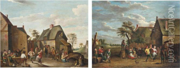 Peasants Dancing Before An Inn; And Peasants Merry Making Before A Barn Oil Painting - David The Younger Teniers