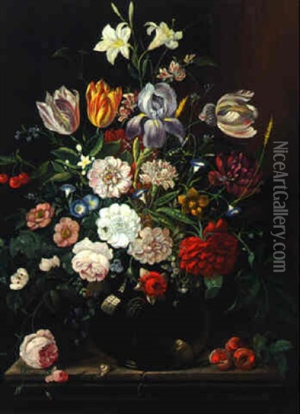 Mixed Flowers In A Glass Vase On A Ledge Oil Painting - David Davidsz. de Heem the Younger