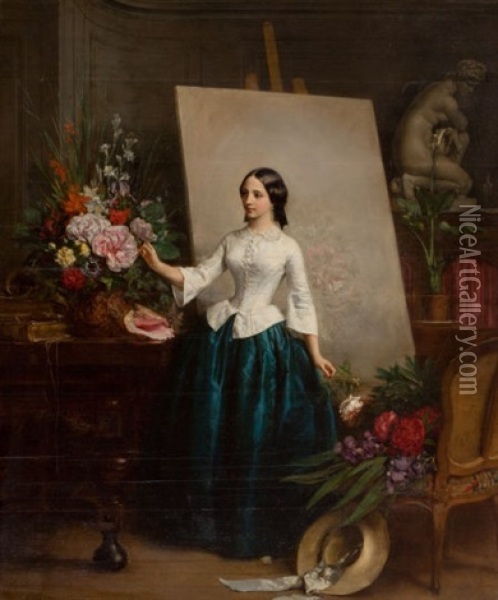 Woman Flower Painter At The Easel Oil Painting - Jean Baptiste Antoine Emile Beranger