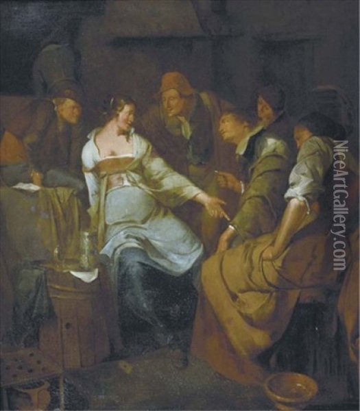 A Young Courtesan With Other Figures Making Merry In An Inn Oil Painting - Jacob Ochtervelt