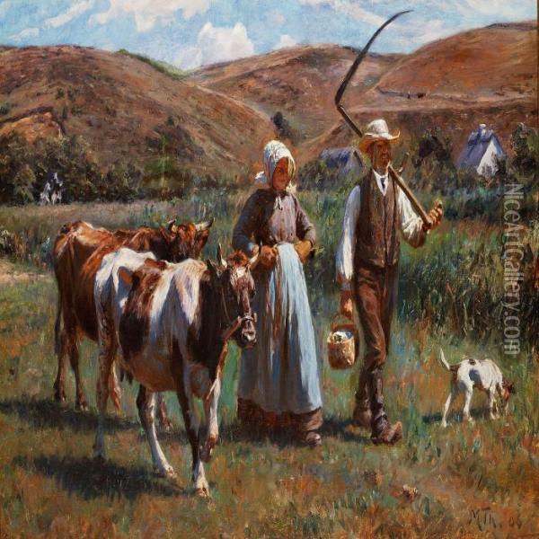 A Farmer And His Wife On Their Way To Work In The Field Oil Painting - Michael Therkildsen